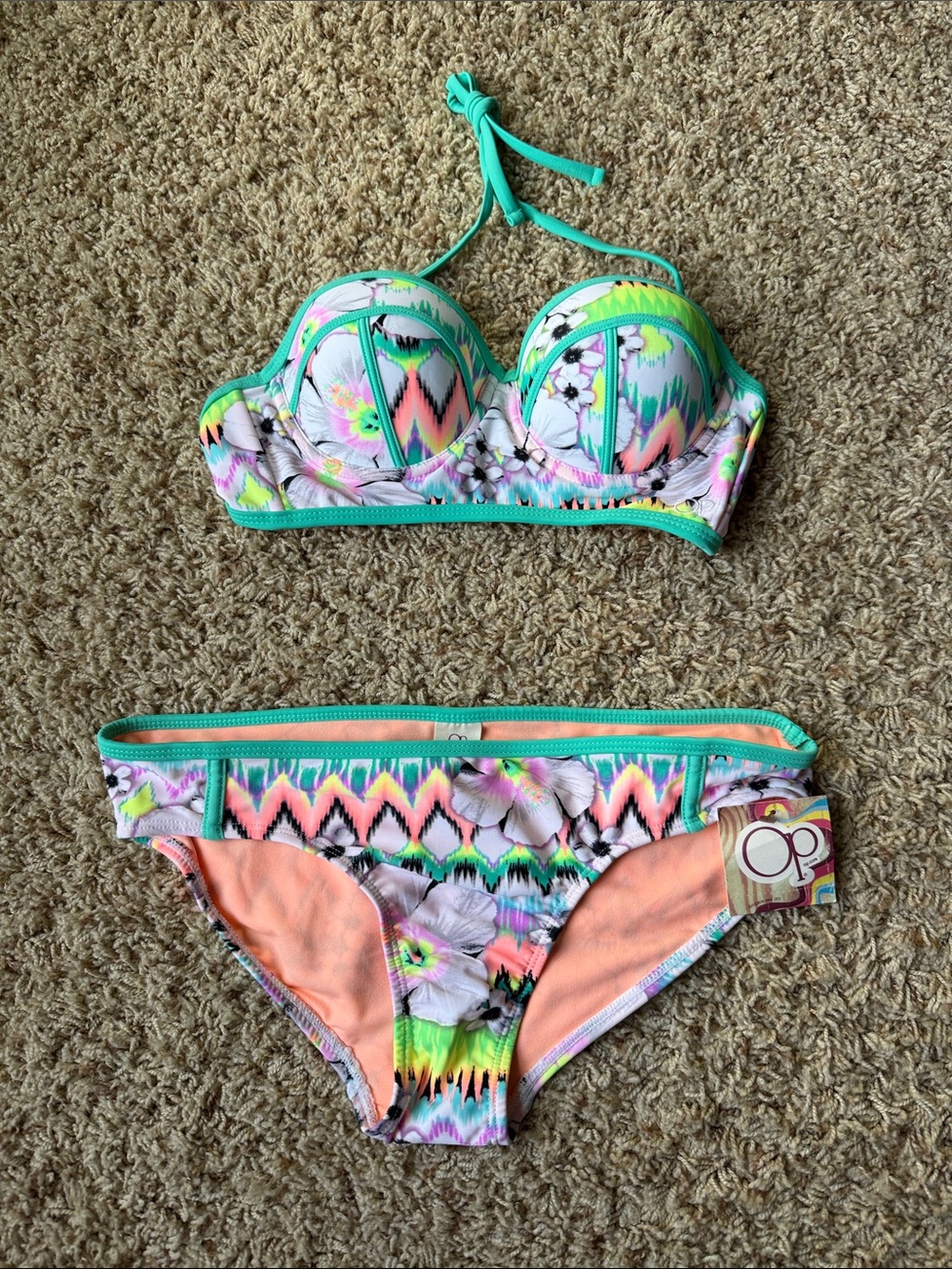 OP Women's Multi-Color Floral Chevron Bikini with Aqua Trim